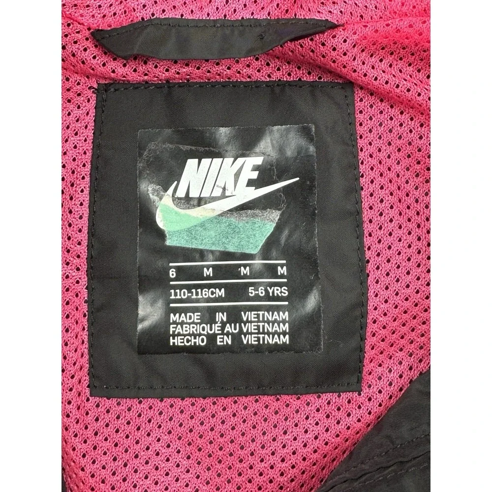 Nike Windbreaker Jacket Kids Size 6 Black Pink Just Do‎ It Full Zip Hooded
